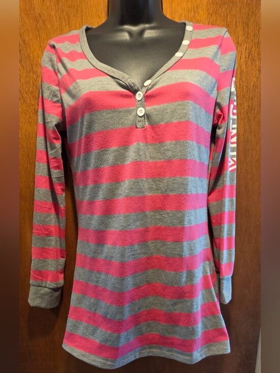 PINK Victoria's Secret Tops - PINK Victoria's Secret Pink & Gray Striped Long-Sleeve Button Henley SzXL